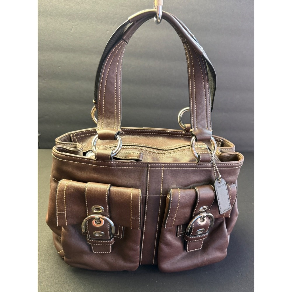 Coach Vintage Soho Double Buckle Pocket Brown Leather Satchel Shoulder Y2K Purse